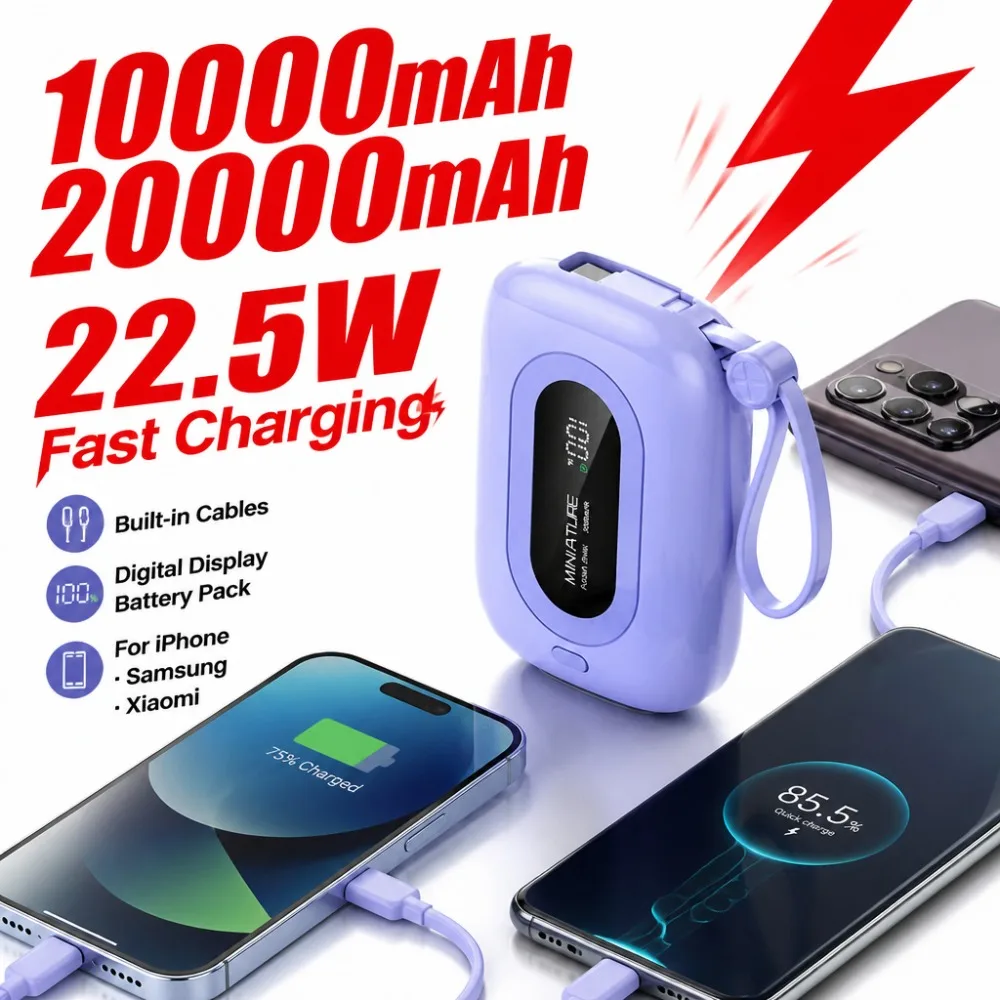 20000mAh Mini Power Bank Built-in Cables 22.5W Fast Charging Digital Display Battery for iPhone Samsung Xiaomi Travel Essentials