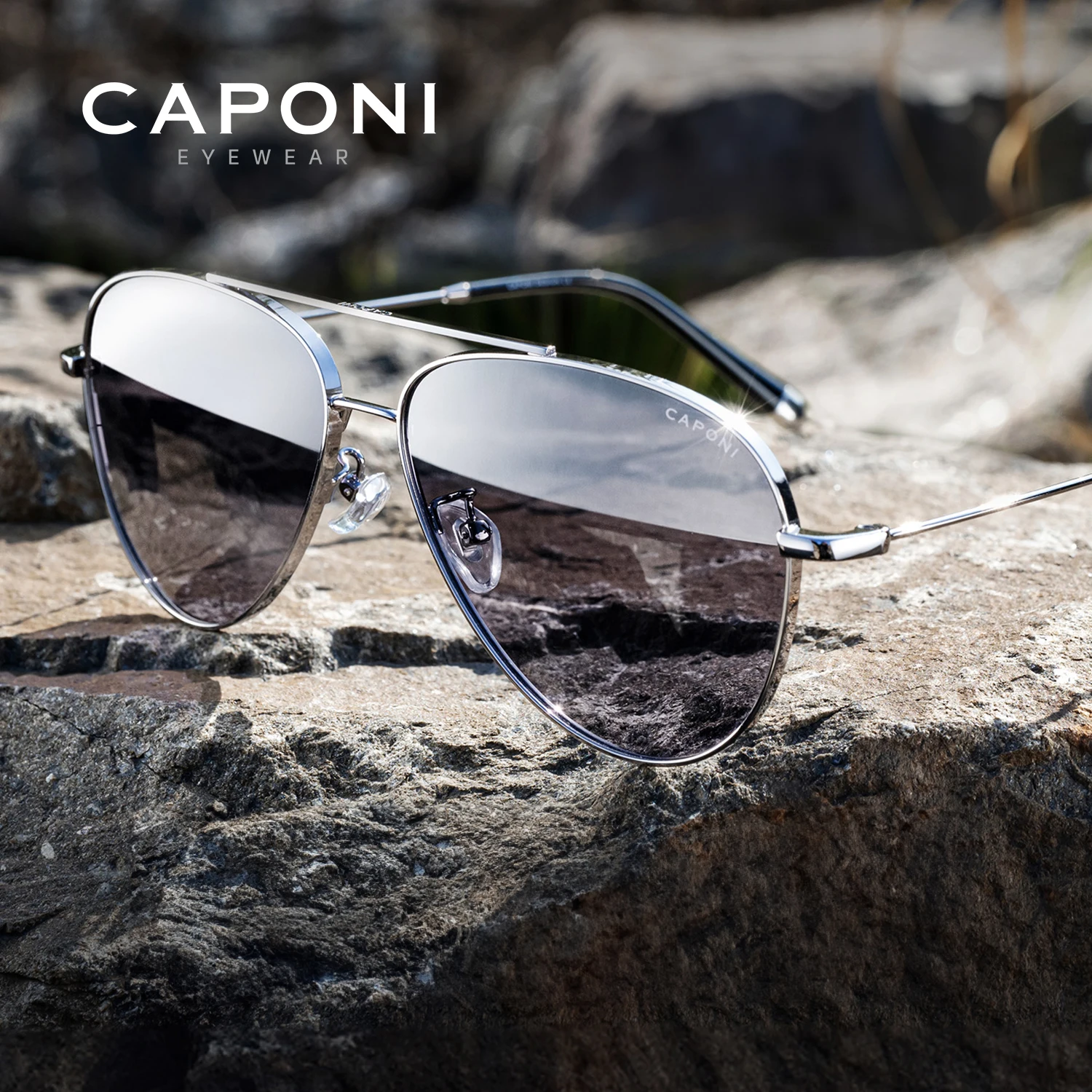 CAPONI Avation Men Polarized Sun Glasses Day And Night Photochromic Outdoor Driving Sunglasses UV400 Pilot Black Shades BS36302