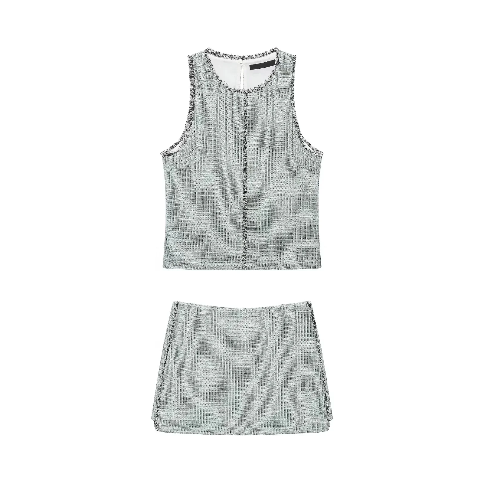  Length Half Skirt Sleeveless round Neck Back Slit Faux Fur Texture Women's Fashion Set Autumn Season No Brand Registered