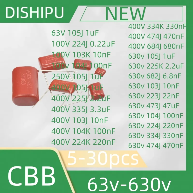 5-30pcs CBB capacitor 63V 105J 1uF 100V 224J 0.22uF 100V 103K 10nF 100v 104J 100nF 250V 105J 1uF 400V 105J 1uF 400V 225J 2.2uF 4