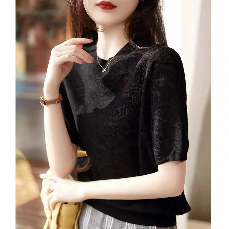 2024 Spring And Summer New Thin Bottoming Streetwear Womens Clothing Perspective Ice Silk Knitted Blouse Top White Shirt Blusas