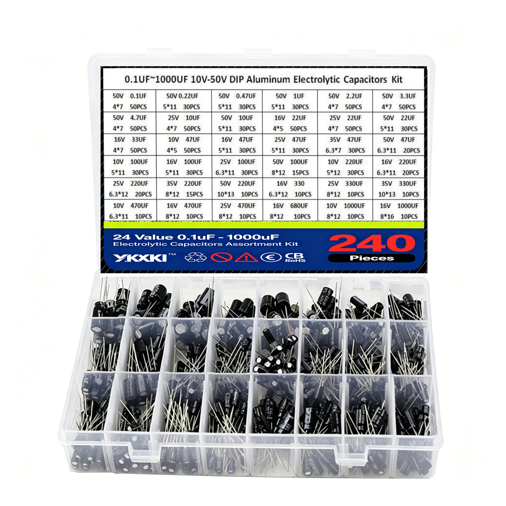 1000PCS/lot 0.1UF-1000UF 15/24/36Values Aluminum 10-50V Mix Electrolytic Capacitor Assorted Kit And Storage Box