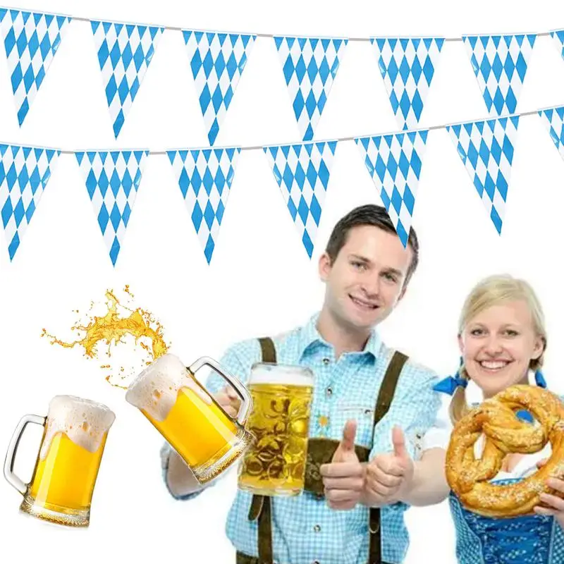 10m Oktoberfest Pennant Decorations Bavarian Blue White Lattice Plastic Banners Flag Pennant Beer Festival Indoor Outdoor Party