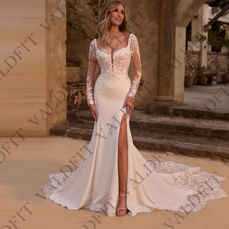 Maßgeschneiderte lange Ärmel Elfenbein Strand Meerjungfrau Satin Brautkleider Brautkleid mit Schlitz Vestidos De Novia Boda