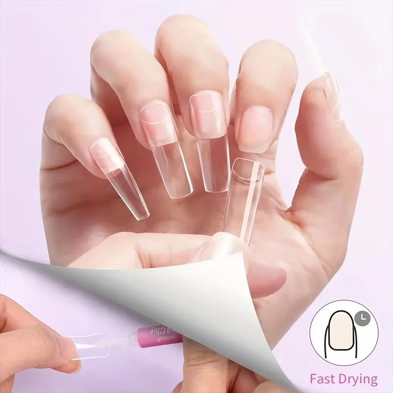 500 Pieces of Transparent Natural Color Nail Stickers, Half a Set of Square Flat Nail Stickers, Including Scissors, File, Glue, and Nail Polish