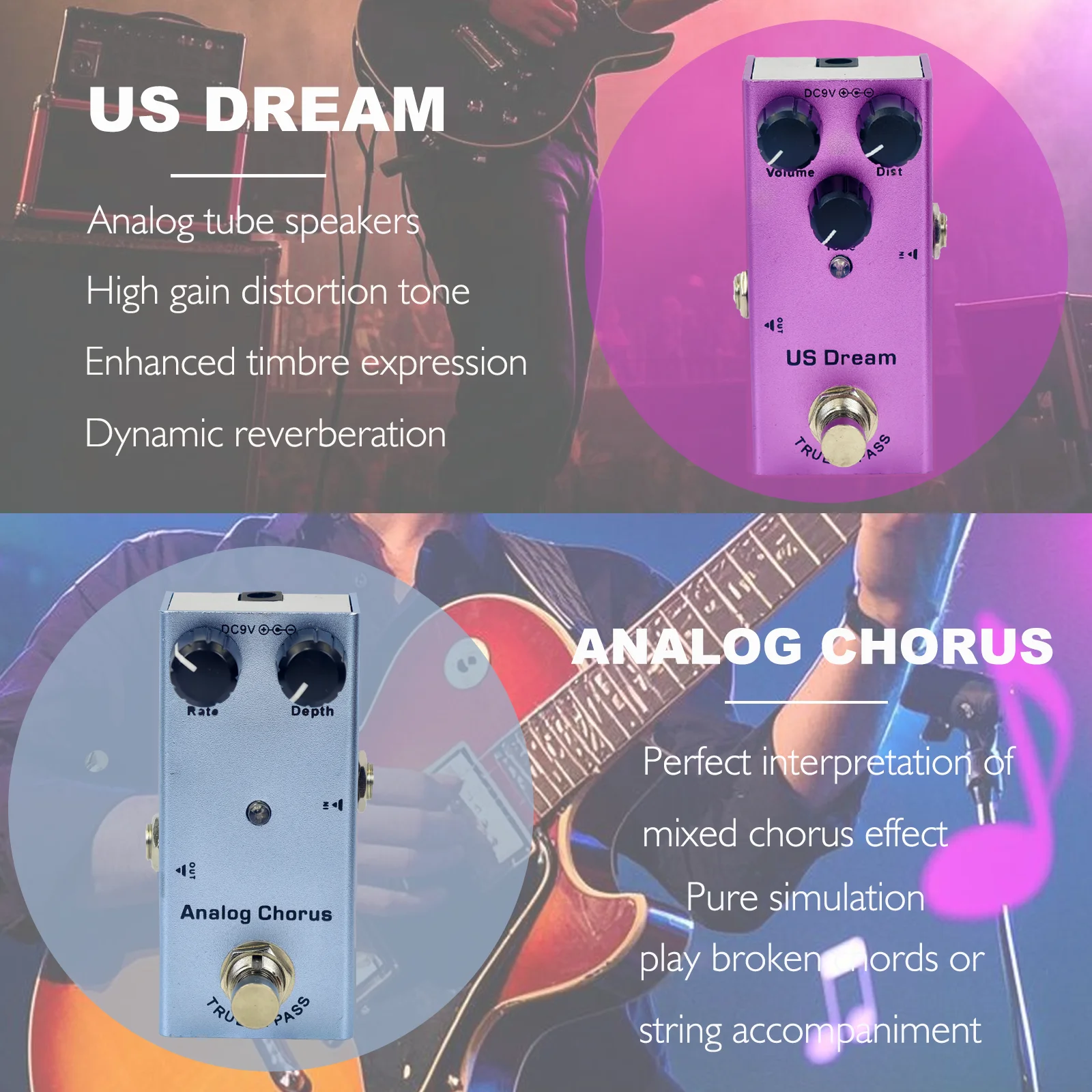 دواسة تأثير الجيتار الكهربائي الصغير Overdrive/Distortion Crunch/US Dream/Chorus/مرحلة عتيقة/تأخير رقمي/تريمولو
