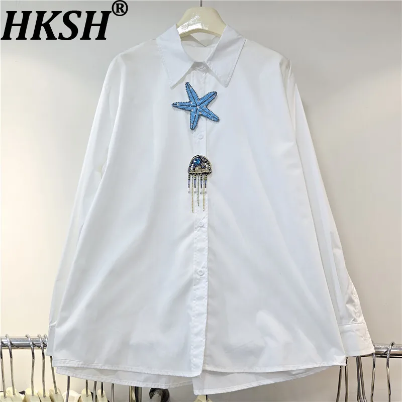 

HKSH Весенне-Осенняя новая женская рубашка Тяжелая ремесленная пятиконечная звезда с кисточками из бисера и бриллиантами Элегантная шикарная блузка с длинными рукавами HK13277