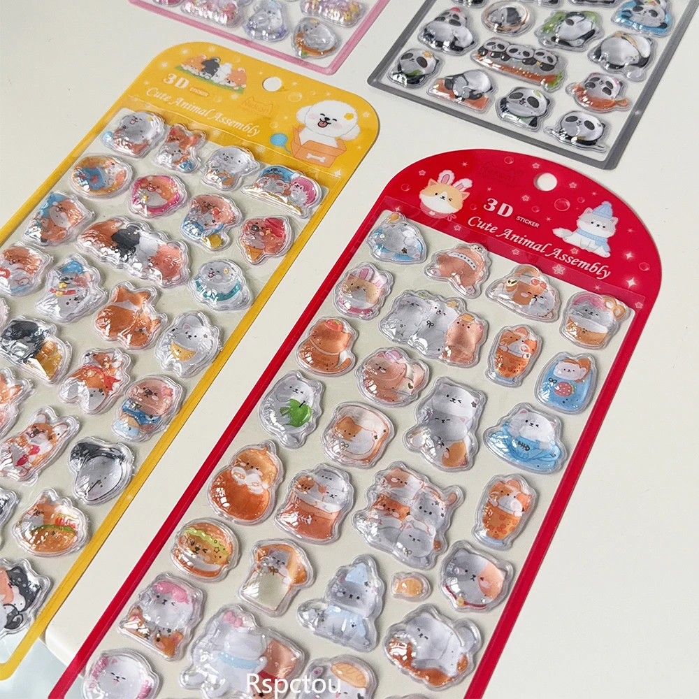 Cute Animals Cartoon Drop 3D Crystal Stickers DIY Journaling Diary Stationery Kawaii Rabbit Cat Panda Relief Decoration Decals