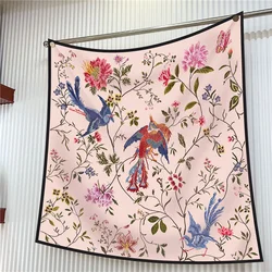 90CM Silk Scarf Women Tree Birds Print Square Scarves Head Echarpes Silk Foulards Femme Wraps Beach Shawl Bandana Lady Hijabs