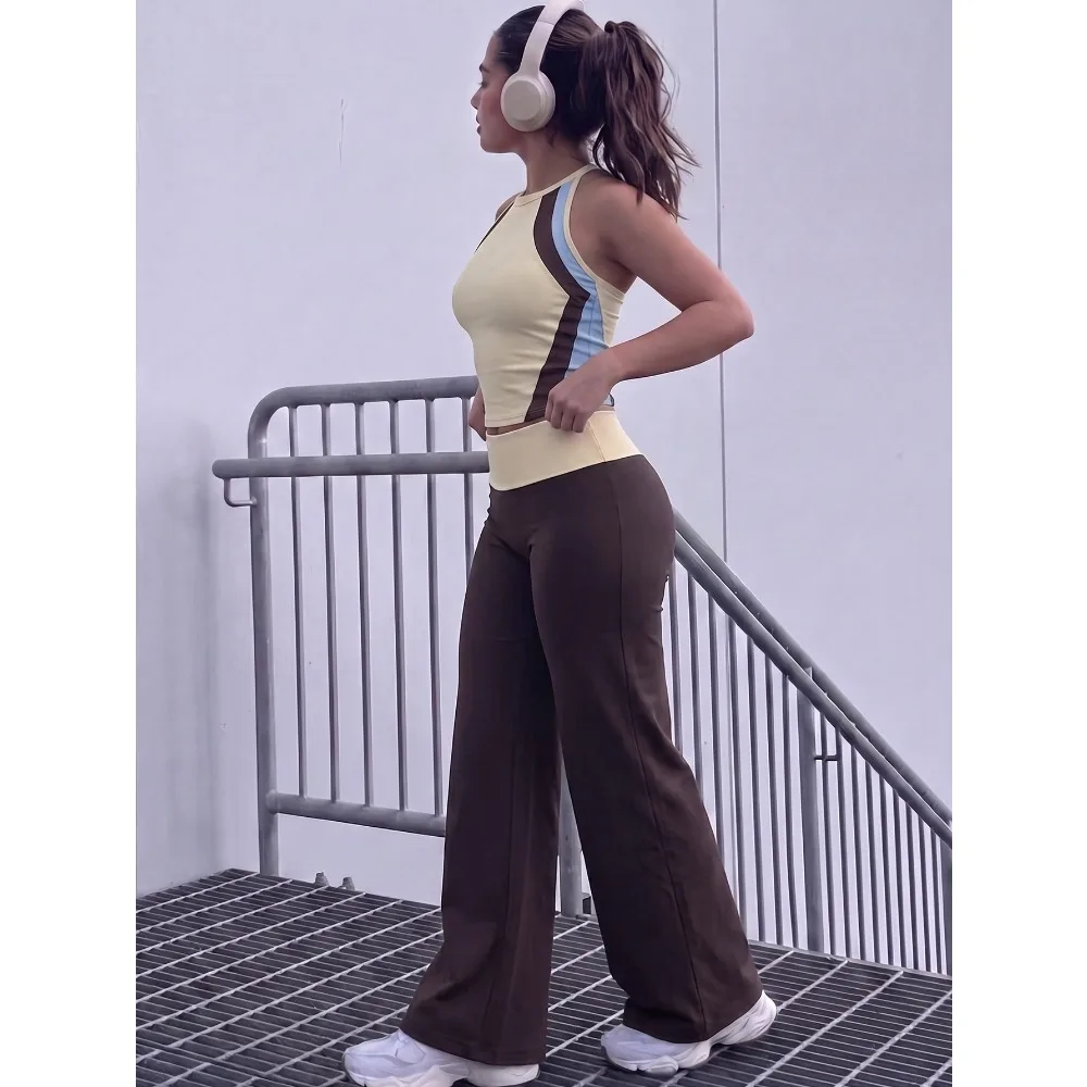 NewWomen's Fashion Contrasting Two-piece Set with Chest Cushion Sleeveless Sports Suit Vest Wide Leg Yoga Pants Women's Clothing
