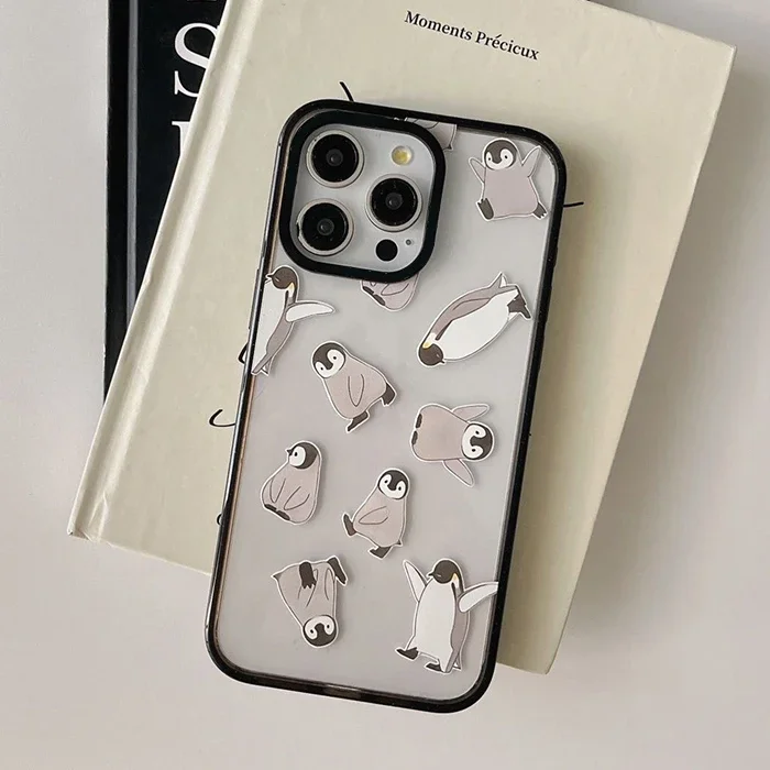 Funda de teléfono con borde negro acrílico para IPhone, carcasa bonita de pingüino de dibujos animados, 2,0, 11, 12, 13, 14, 15, 16 Pro Max