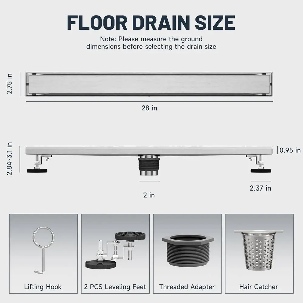 Ralo de Chuveiro de 28 Polegadas com Inserção para Azulejo, Ralo de Chão em Aço Inoxidável, Pés Niveladores Ajustáveis, Coletor de Cabelos, Acabamento Escovado