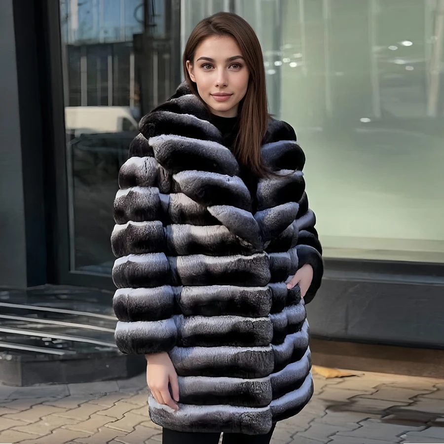 

Шуба до колена для женщин, куртка из натурального меха кролика рекс, теплая зимняя модная верхняя одежда из меха кролика шиншиллы, высокое качество