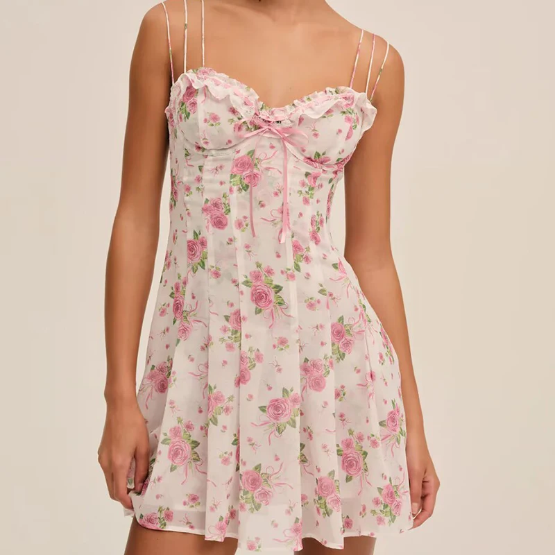 โรแมนติกผู้หญิงเซ็กซี่Backlessดอกไม้พิมพ์สลิงชุดมินิฤดูร้อนRobe Night Out Party Dresses