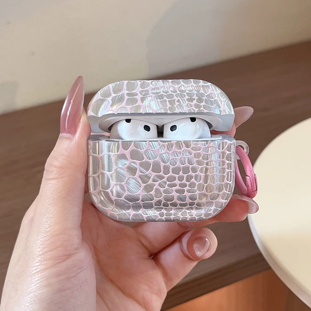 Luxury Silver Pink Plating Crocodile Texture Square Silicone Earphone Case for AirPods 1 2 3 4 Pro2 3 Headphone Protection Cover
