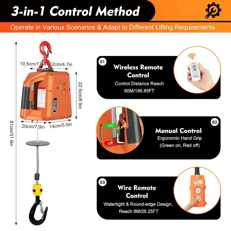 2300LBS/1T Electric Hoist Winch Portable Electric Power Winch New Upgrade Electric Hoist Crane w/Overload Protection 38ft