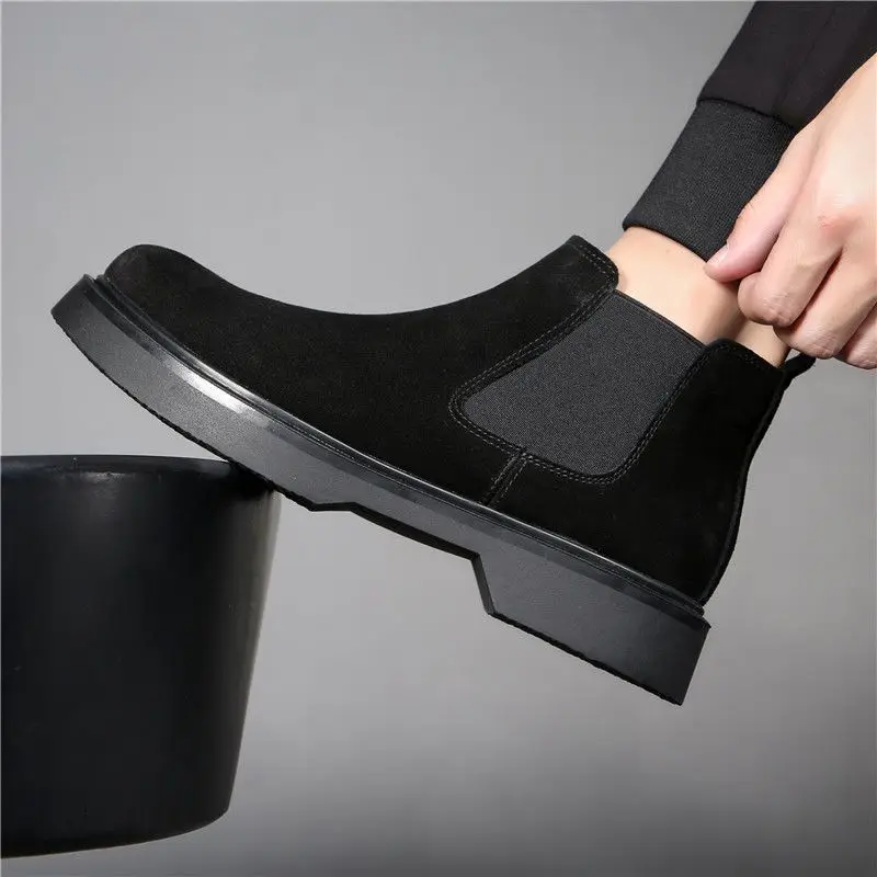 men luxury fashion chelsea boots black trend cow suede leather shoes cowboy autumn winter ankle boot platform short botas hombre