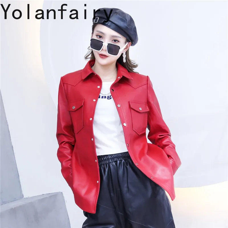 YOLANFAIRY Genuine Leather Jacket Women Autumn Shirt Style Mid-length Real Sheepskin Coat Long Sleeve Female Red Leather Coats