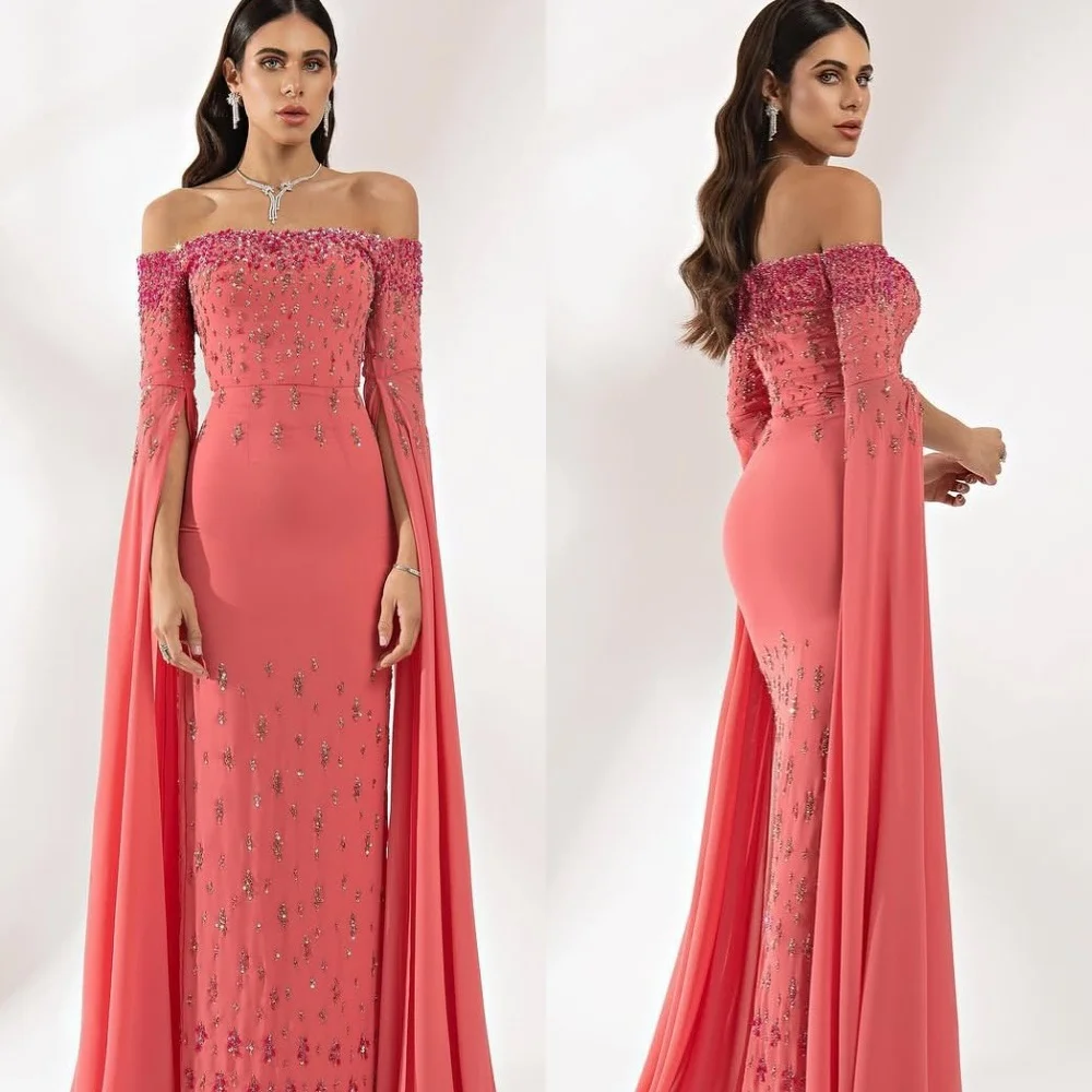 

Customized Off the Shoulder Sleeveless Evening Dress High Quality Jersey Prom Dresses Temperament Chapel Train Party Gowns