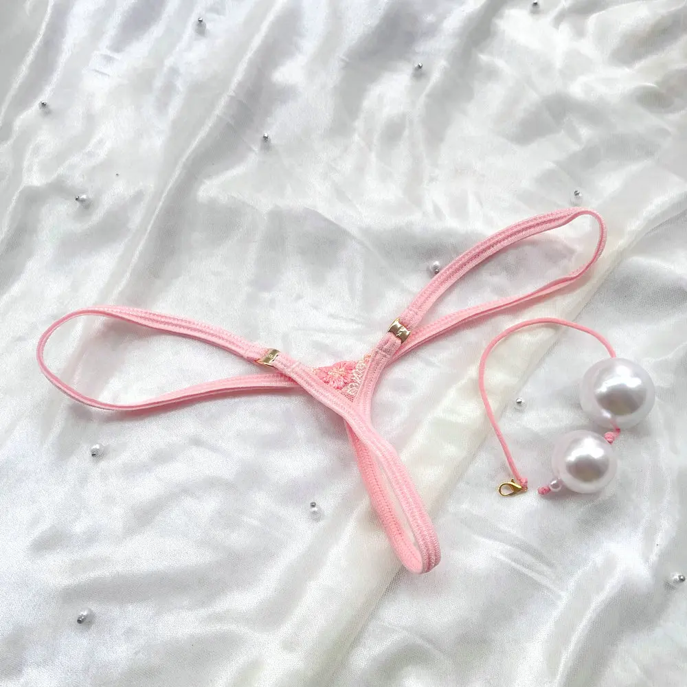 Extra Mini Female T-back Panties Low Rise G-string Insert In Sexy Briefs Micro Pearls Thong String Underpants Sexy Pink knicker