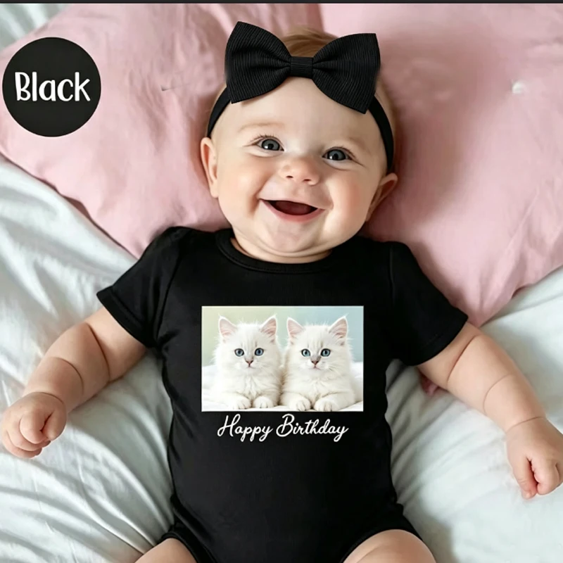 Custom Photo Baby Bodysuit with Happy Birthday Text, Personalized Picture Onesie for 1st Birthday Photoshoot,Soft Cotton Romper