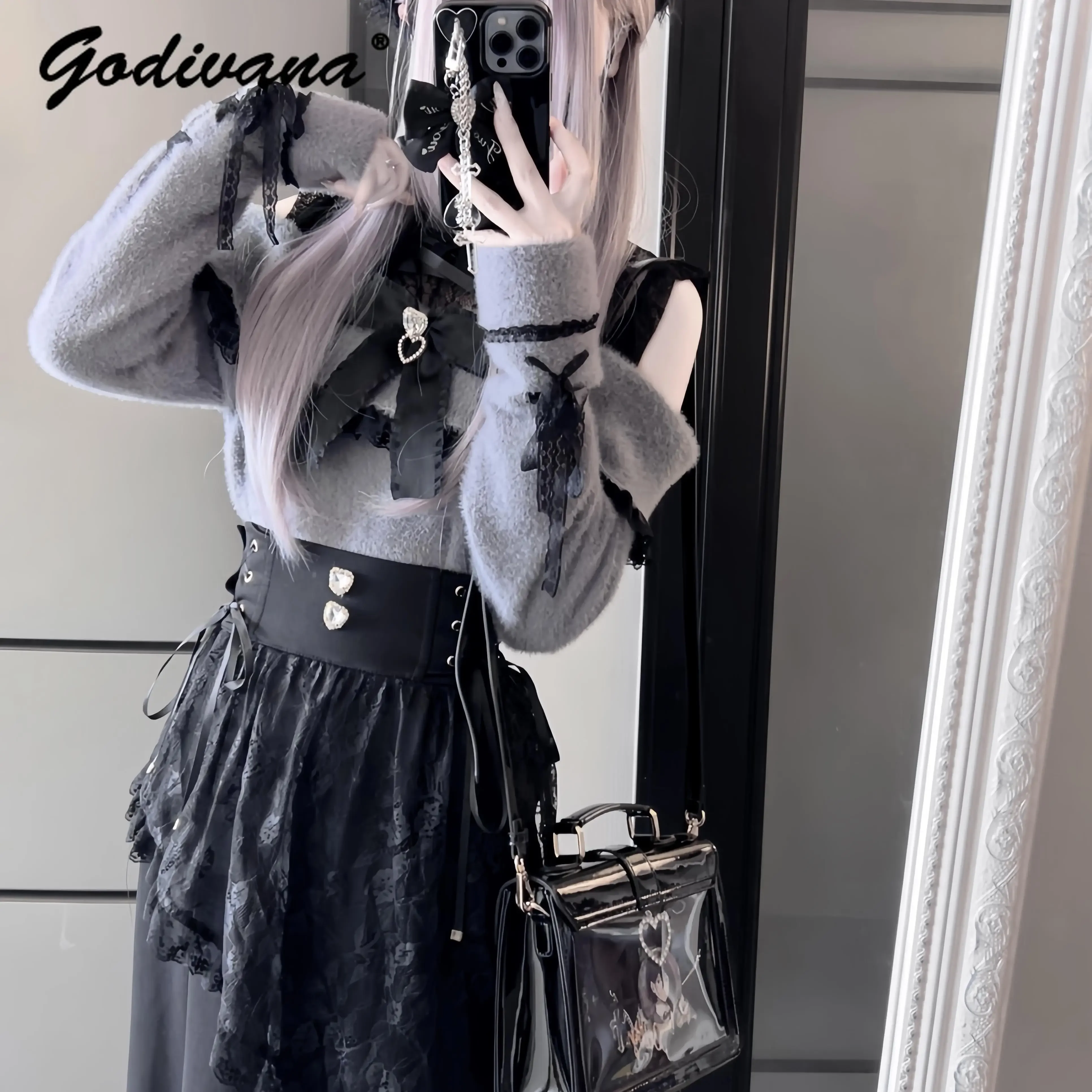 Japanese Mine Series Rhinestone Lace Spliced High Waist Fishtail Skirt Sweet Women's Black Long Skirt Off Shoulder Sweater Tops