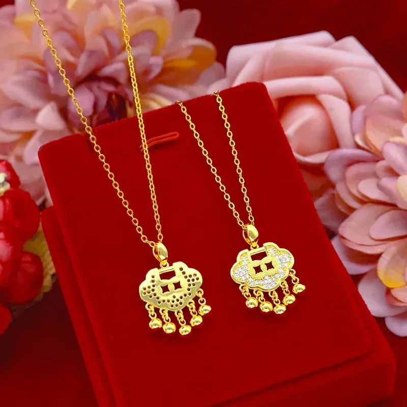 

9999 Real Gold 24K Micro-inlaid long-life lock pendant, same long-life lock necklace for adults and children