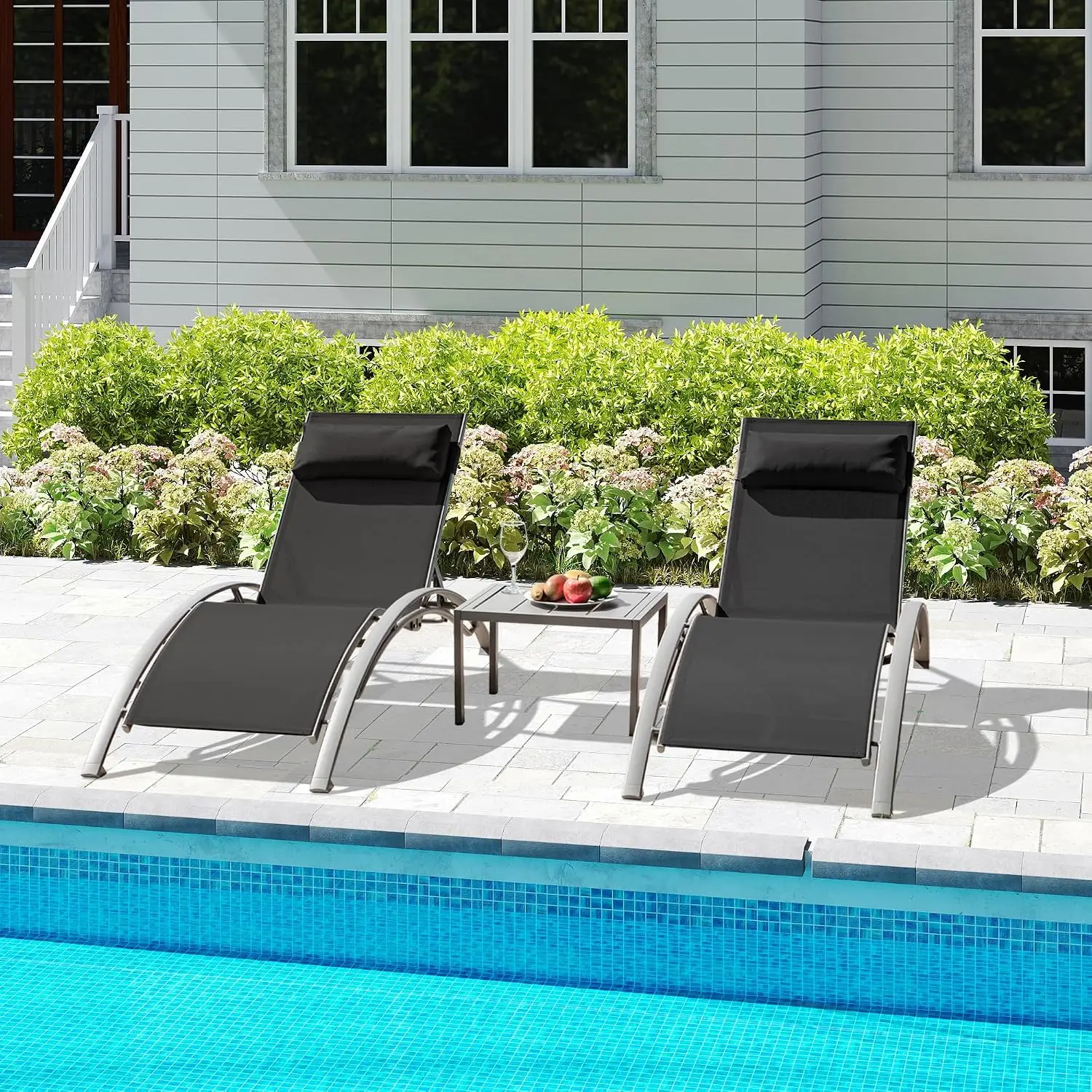 Aluminum Outdoor Lounge Chair Set 3-Piece with 5 Adjustable Positions & Side Table for Pool Garden Beach, Dark Gray, Customized