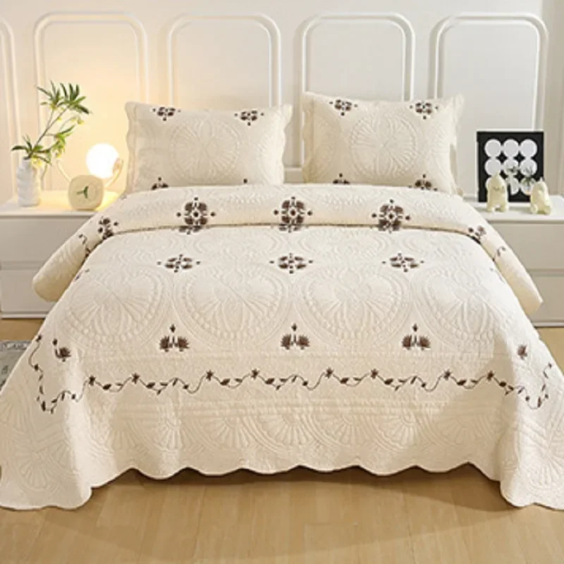Nordic Cotton Bedspread Set 3pcs Quilted Bed Cover + Pillowcases Padded Quilt Blanket Coverlet Embroidered Soft Home Bedding Set