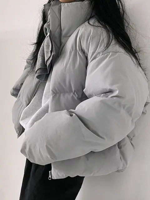 

Puffy down Cotton Jacket Women Loose Stand Collar Autumn Winter Hand Filled Cotton Thick Warm Short Bread Style Fashionable