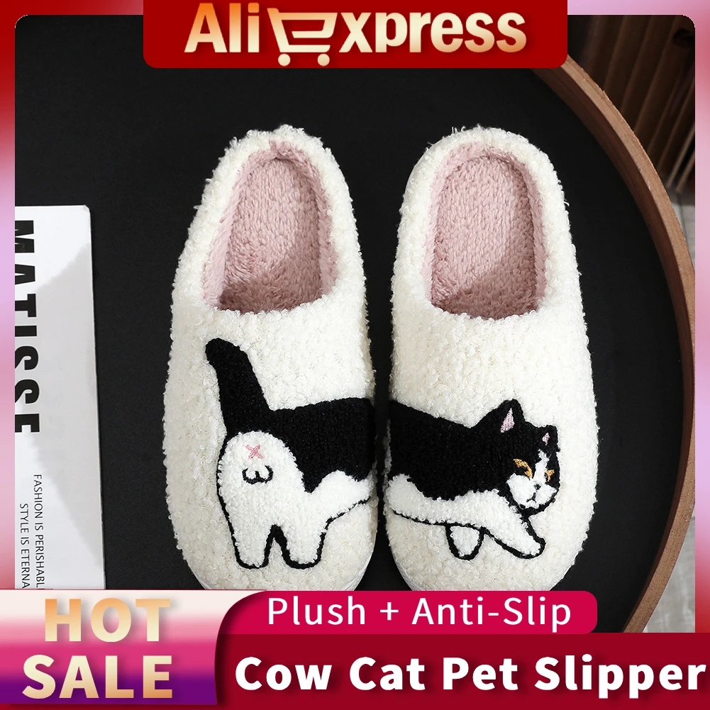 جديد أفخم البقرة القط النعال Kawaii فروي النعال عدم الانزلاق رقيق الحيوانات الأليفة القط النعال مريحة الدافئة زوجين النعال للرجال النساء