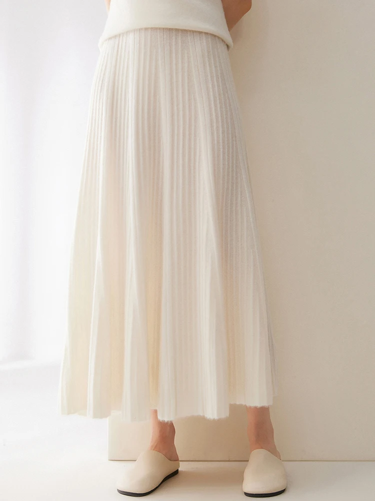 Autumn Winter 100% Pure Cashmere Women's High Waisted A-line Mid-calf Skirt Soild Wide Hem Pleated Knit Dress Versatile Elegant