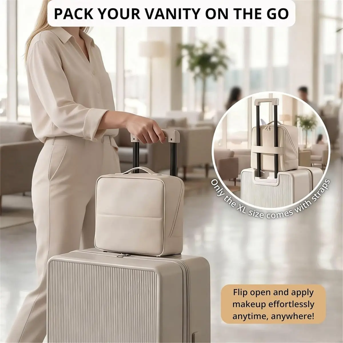 PHONE&GEAR Travel Makeup Bag with Magnetic Fold-Down Flap, Waterproof Leather Cosmetic and Toiletry Organizer for Women