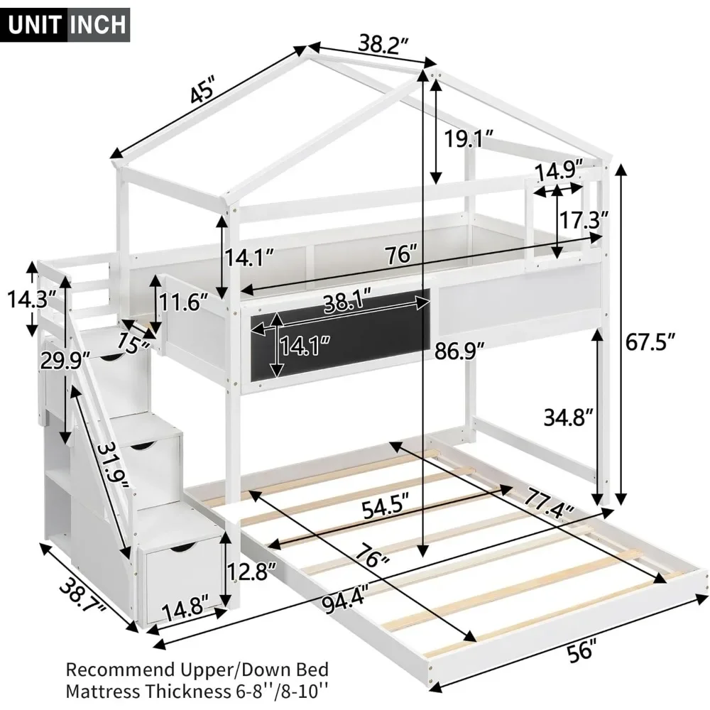 Twin Over Full House Bunk Bed with Storage Staircase & Blackboard,Wood Kids Bunk Bed with Roof and Safety Guardrails