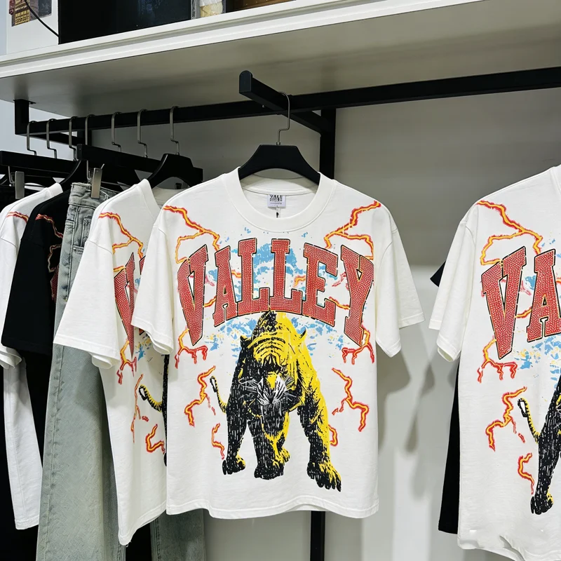 

Embroidery Rhinestone VALLEY Lightning Tiger Print T Shirt White Men Women High Quality Round Neck Short Sleeve Loose Tops Tee