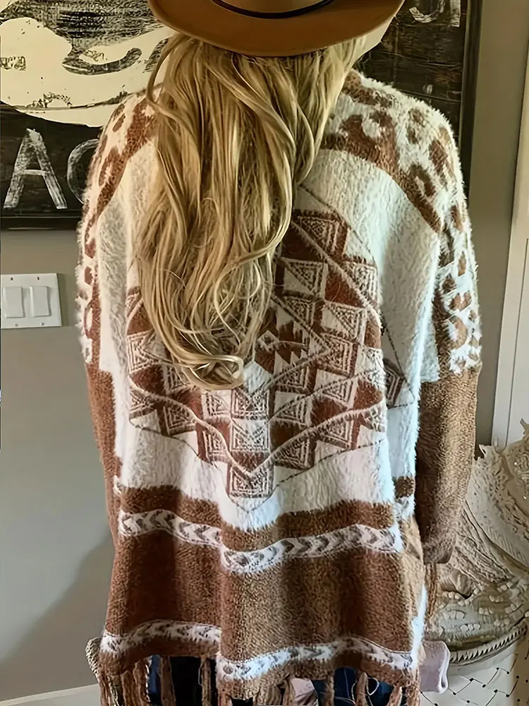 เสื้อคลุมคาร์ดิแกนลายเรขาคณิตน้ำหนักเบาสำหรับผู้หญิงไซส์ใหญ่ สไตล์ลำลอง แต่งพู่ชายเสื้อ เหมาะสำหรับใส่ในบ้าน ฤดูใบไม้ร่วง