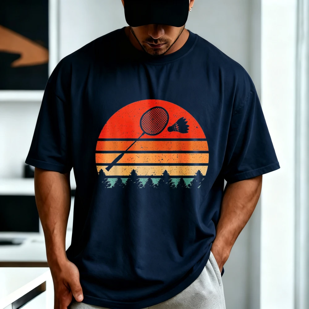 Badminton Summer Cotton Sports T Shirt Men Women Fashion Casual Vintage Sunset Racket Shuttlecock Graphic Short Sleeve Tee