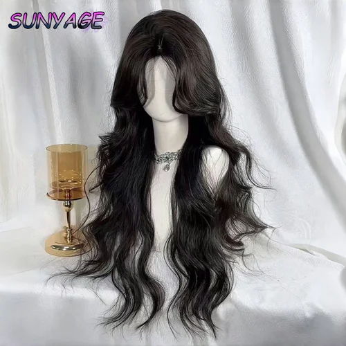 Imagen 2 del producto SUNYAGE-peluca negra de Lolita para mujer, pelo largo ondulado, peluca rizada de 75cm con flequillo, diadema para Cosplay, pelucas sintéticas para uso diario