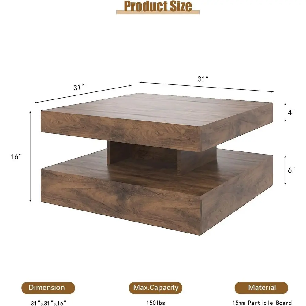 Rustic Modern 2-Tier Square Coffee Table with Storage for Living Room & Dining Area