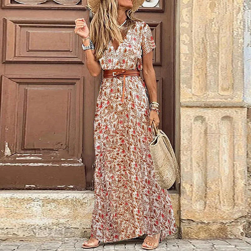 Boho Long Dress for Women Fashion V Neck Short Sleeve Paisley Print Dresses Summer Belt Large Hem Beach Dress Elegant Maxi Dress