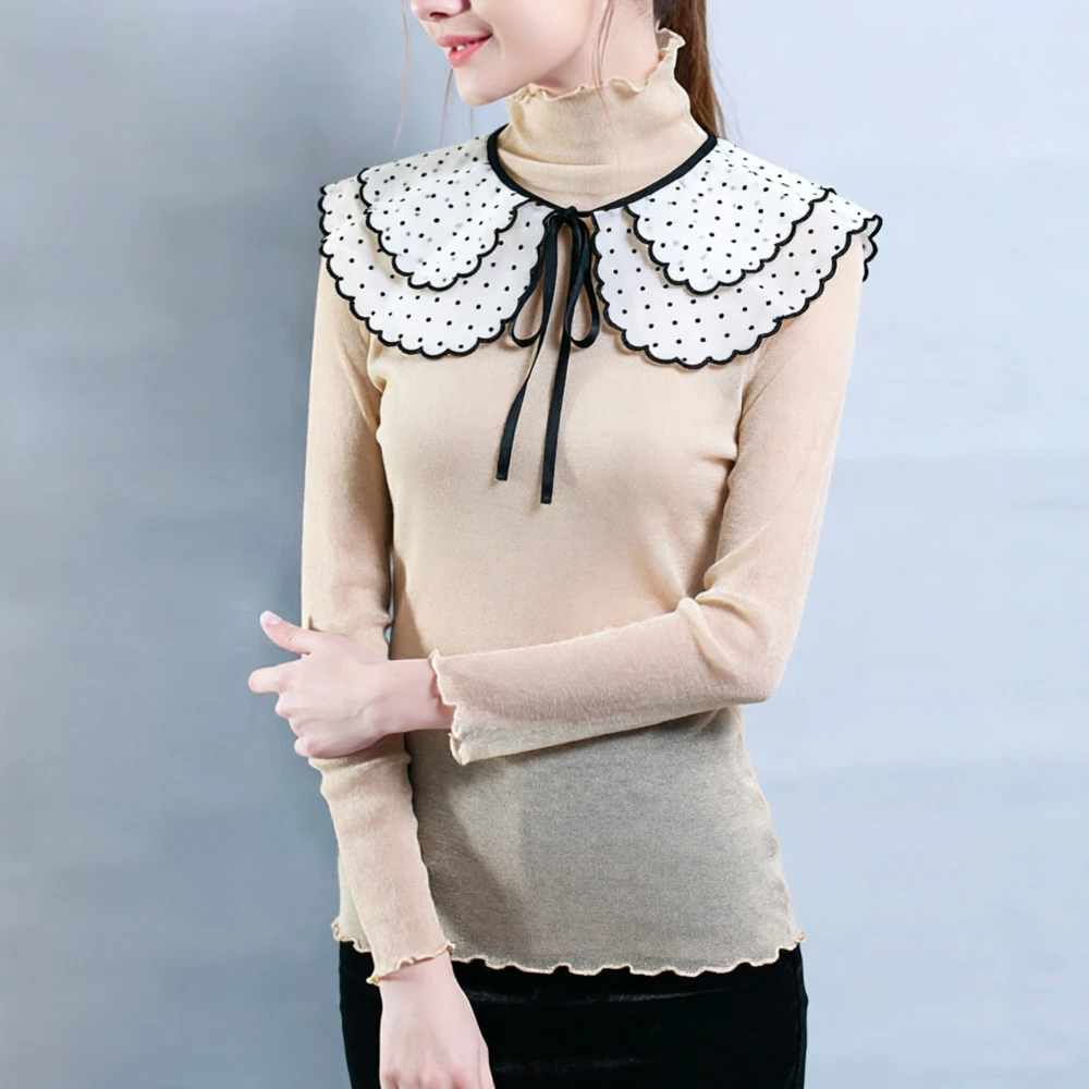 

Kawaii Chiffon Fake Collar Silver Shiny T Shirt Women S-2XL Full Sleeve Detachable Tee False Collars Slim Stretch T Shirts Top