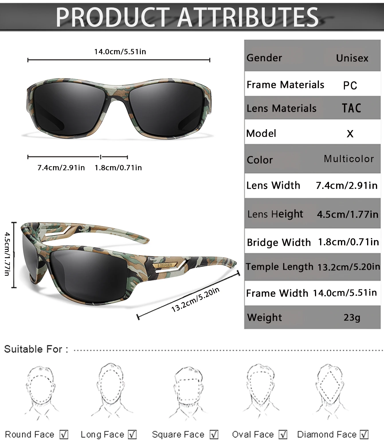 Polarisierte Sonnenbrille für Herren, Camo, Militär-Stil, Festival-Geschenke, UV400, zum Radfahren, Reiten, Laufen, Angeln und Autofahren – Detail 2