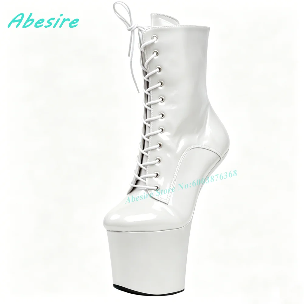 20Cm Platform Patent Leather Ankle Boots Round Toe Lace‑Up Women's Boots Spicy Girls Nightclub Stage Pole Dance Party Shoes