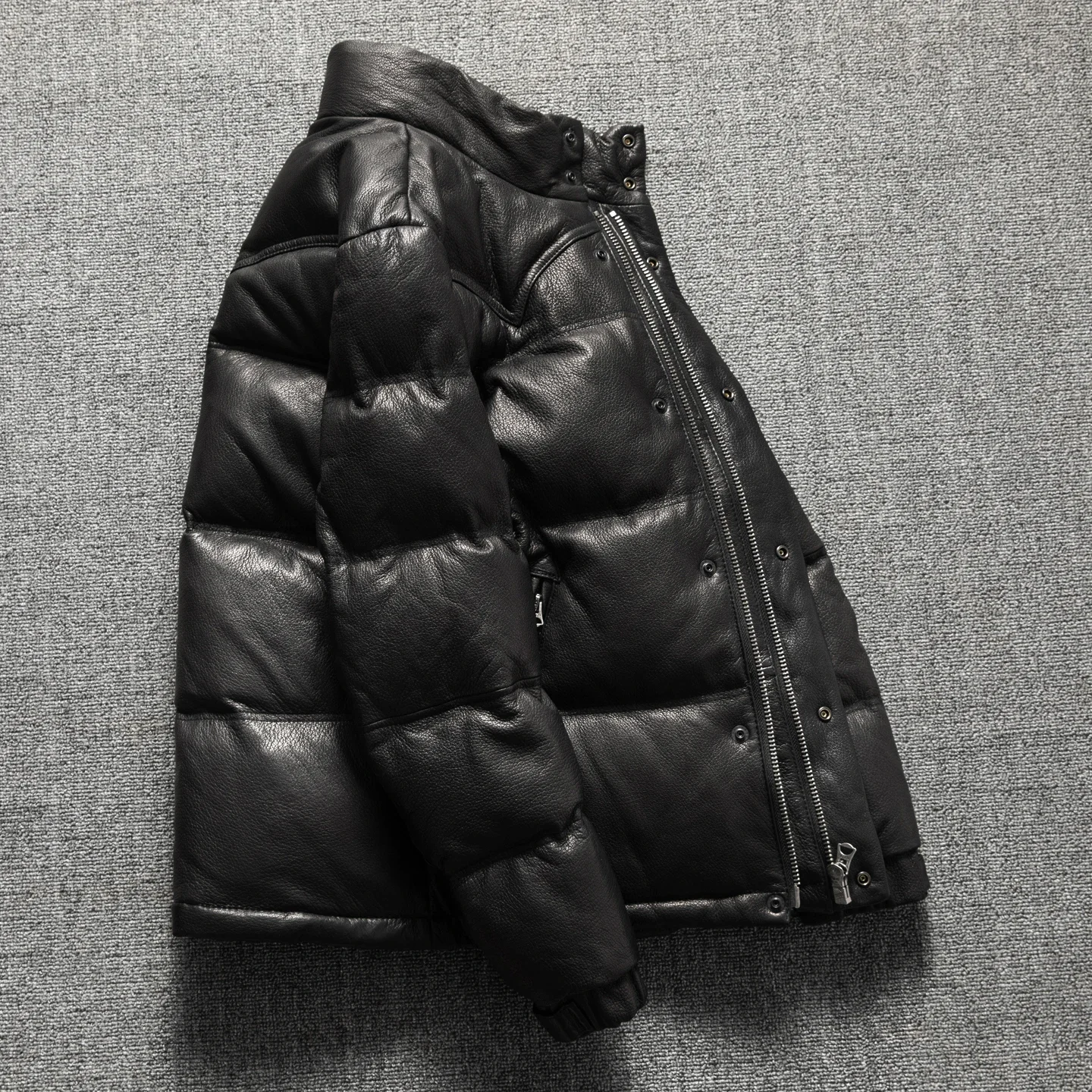 سترة رجالية سميكة ودافئة بياقة واقفة مصنوعة من جلد الماعز وأسفل البط، نمط الشتاء #5