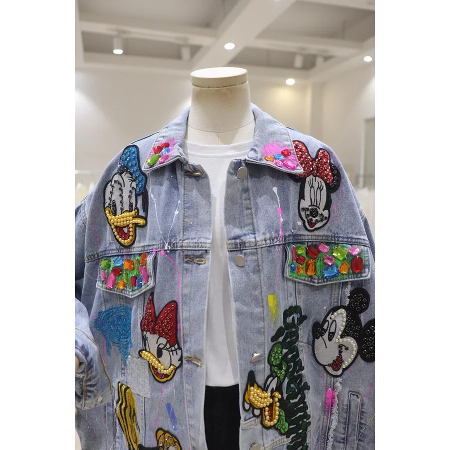 New Top Denim Jacket Fashion Sweet Cartoon Diamond Embroidery 2023 Autumn Clothing Loose Washed-out Jeans Coat Outwear