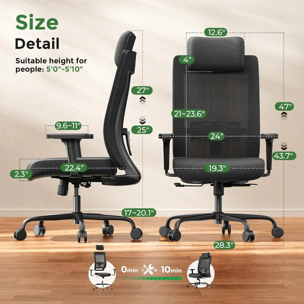 Ergonomic Office Chair 350LBS Capacity 90-135° Any Angle Tilt Lock High Back Computer Desk Chairs,with Adjustable Lumbar Support