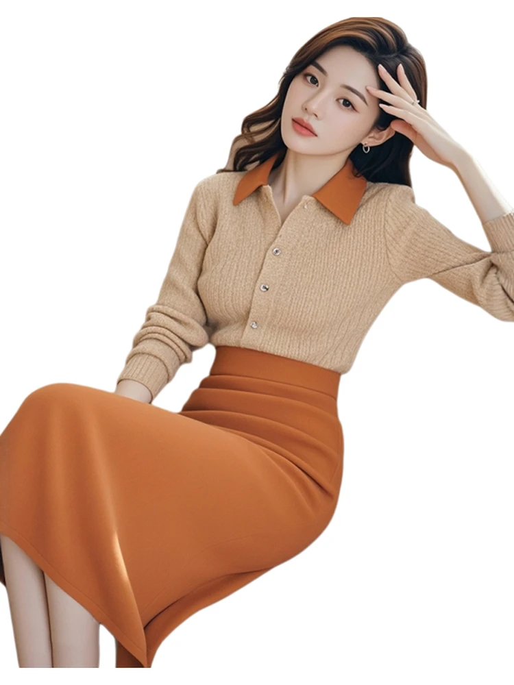 Ele malha dr conjunto para mulher outono inverno novo sle commute faion godd sle longo sve botão até ajuste fino dr