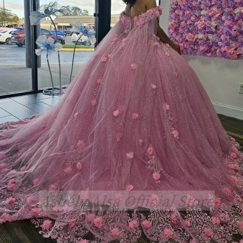 Vestido De quinceañera De princesa Rosa árabe saudita con manga, capa, manga De casquillo, Vestido De flores De XV Anos, Vestido De fiesta De cumpleaños, baile De graduación