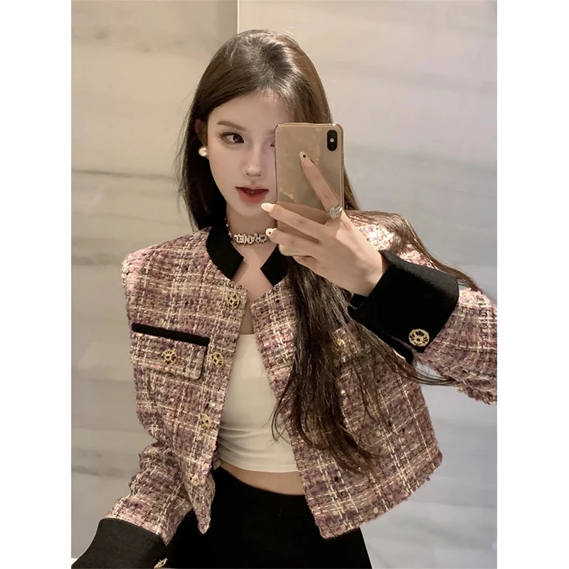 

Vintage Plaid Tweed Jacket Women Luxury Cropped Patchwork Quilted Coat Winter Elegant Korean Long Sleeve Design Short Outerwears
