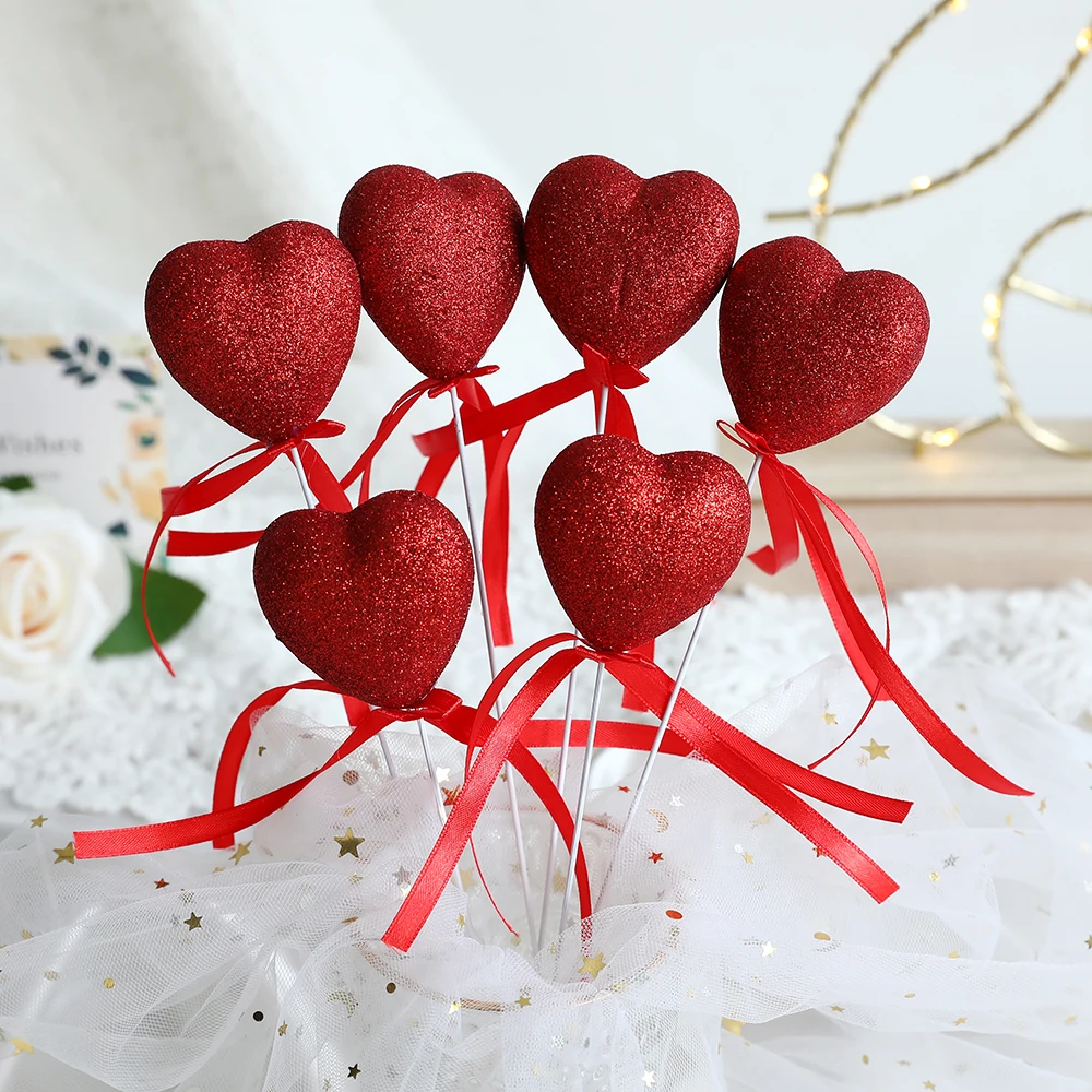 6/12Pcs Valentine‘s Day Decoration Glitter Foam Red LOVE Heart Bouquet White Bear Sticks Branches Home Cuttings Wedding Supplies